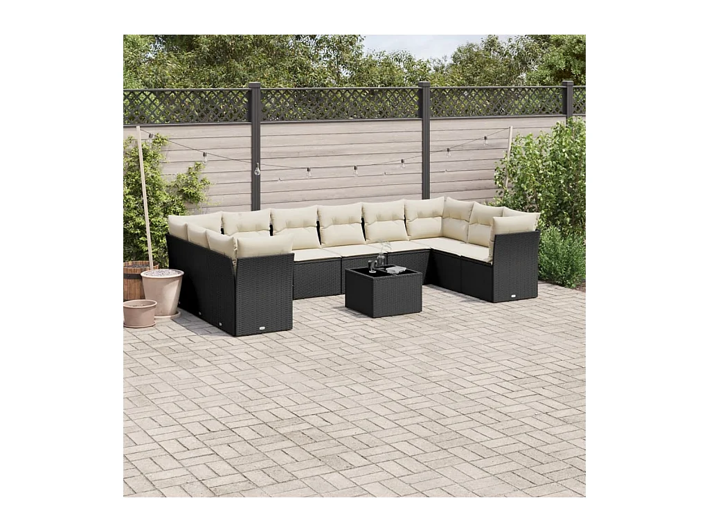 Salon de jardin 11 pièces avec coussins noir résine tressée