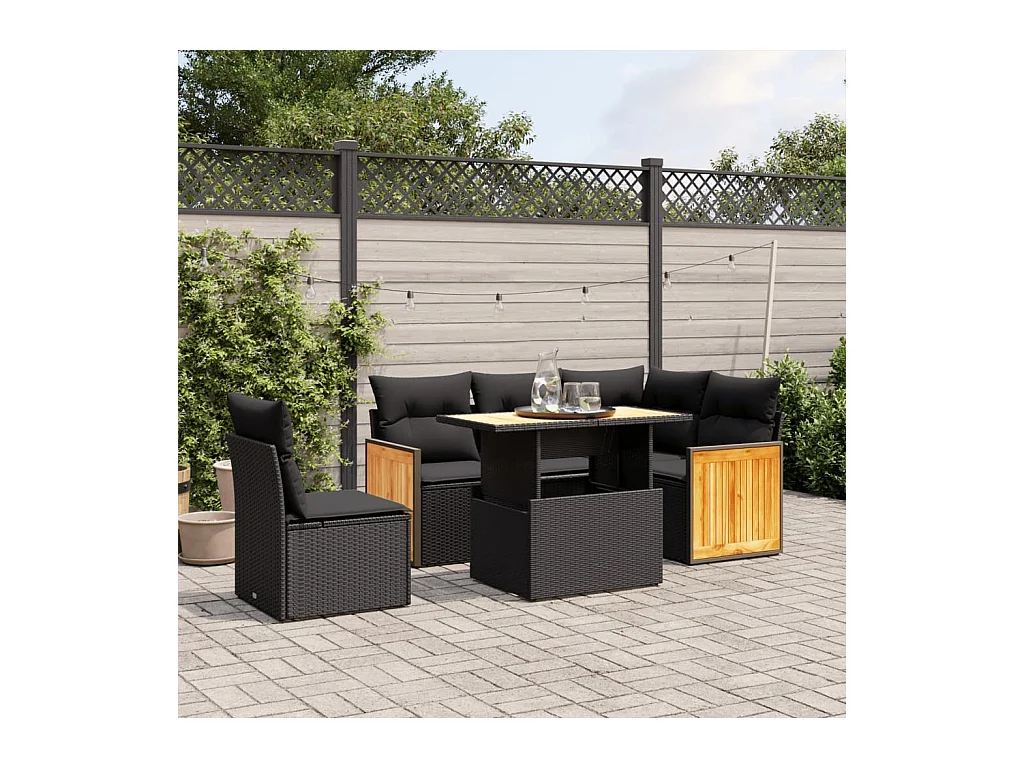 Salon de jardin 6 pièces avec coussins noir résine tressée