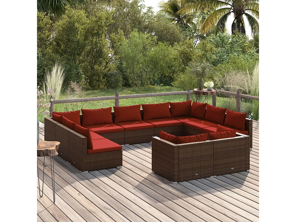 Set muebles de jardín 11 piezas y cojines ratán sintético marrón