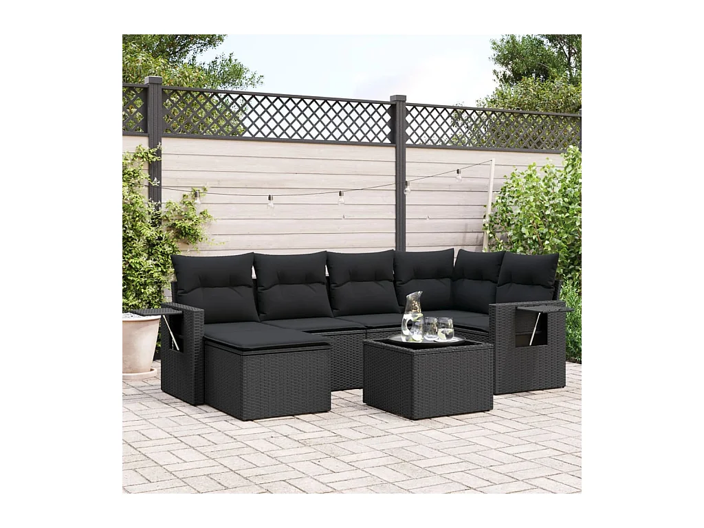 Set de comedor de jardín 7 piezas y cojines ratán sintético negro