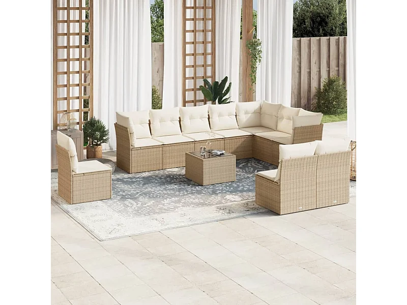 Set de sofás de jardín 11piezas con cojines ratán sintético beige
