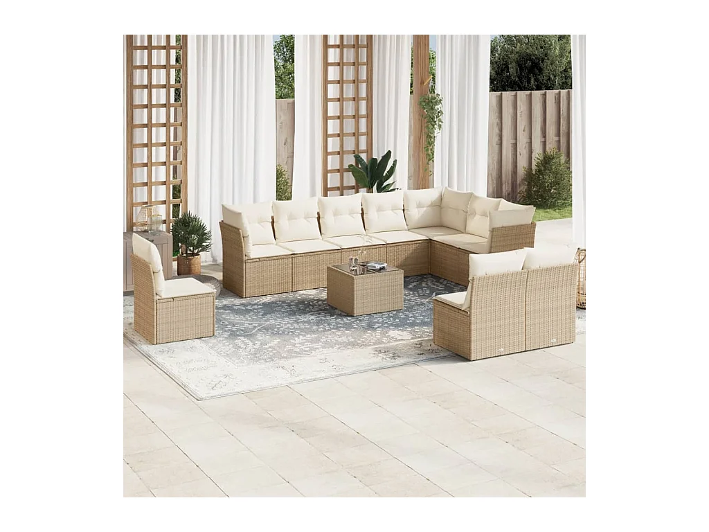 Salon de jardin 11 pièces avec coussins beige résine tressée