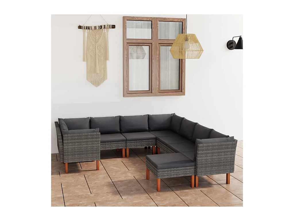 Salon de jardin 9 pièces avec coussins Résine tressée Gris