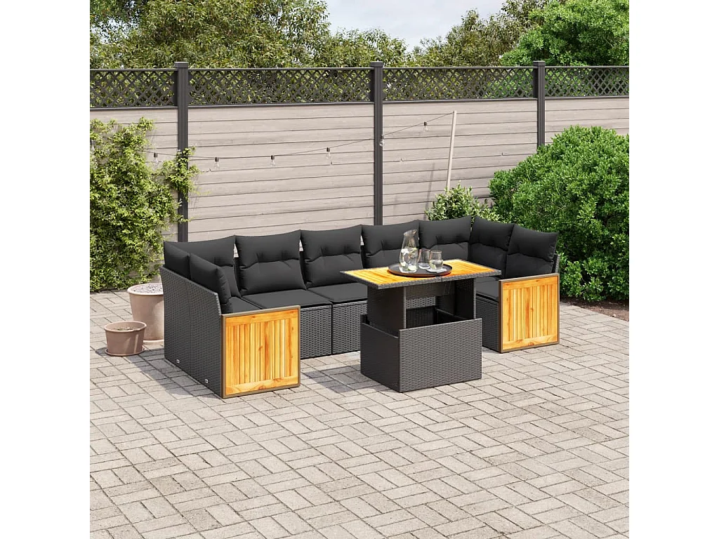 Salon de jardin 8 pièces avec coussins noir résine tressée