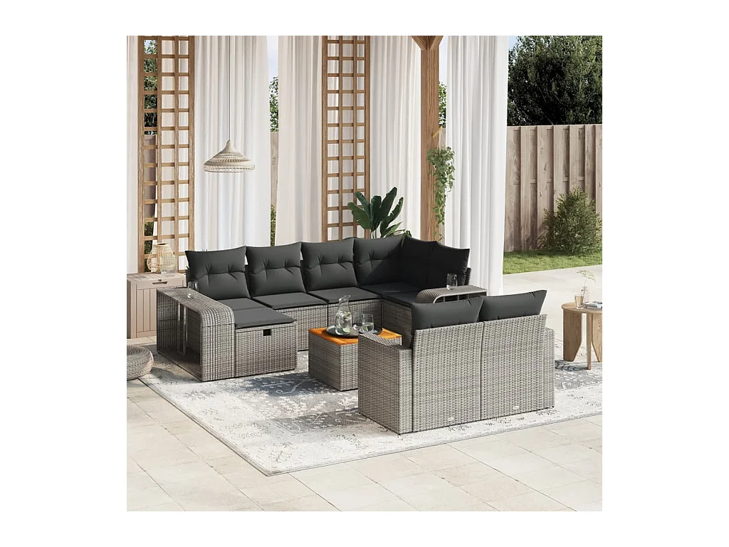 Salon de jardin 11 pièces avec coussins gris résine tressée