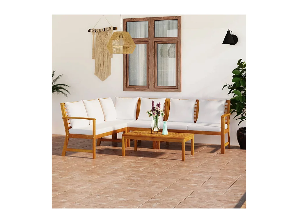 Salon de jardin 5 pièces avec coussin Crème Bois d'acacia solide