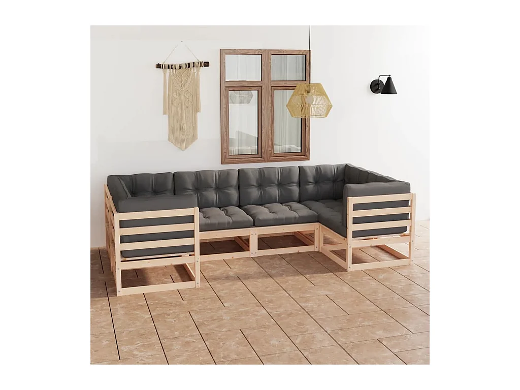 6-delige Loungeset met kussens massief grenenhout