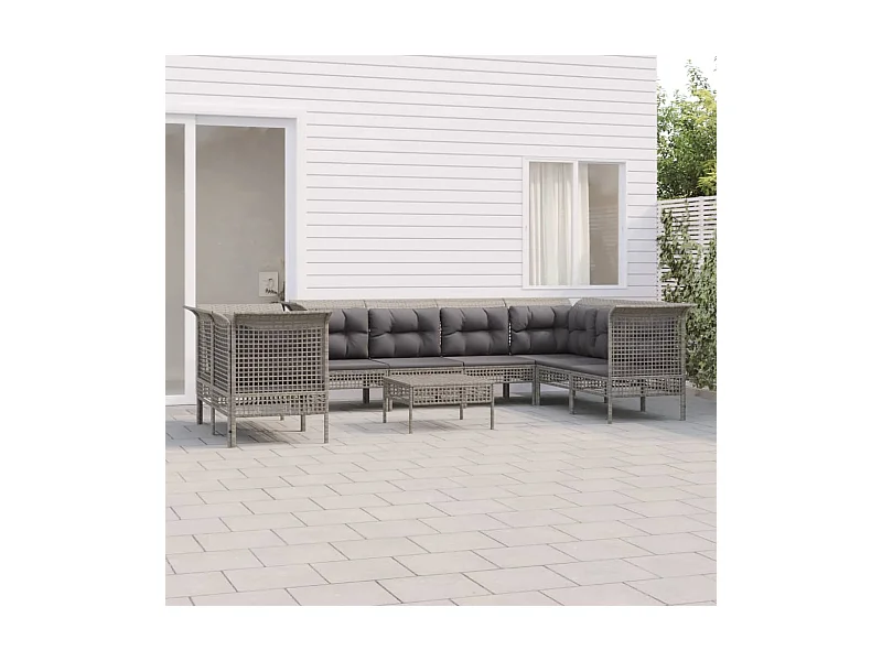 9 peças conjunto lounge de jardim c/ almofadões vime PE cinzento