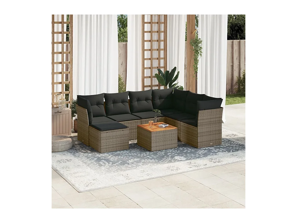 Salon de jardin 8 pièces avec coussins gris résine tressée