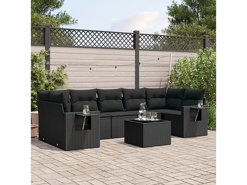 8 peças conjunto sofás de jardim com almofadões vime PE preto