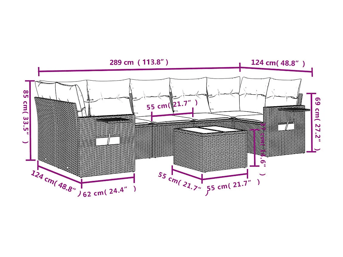 8 peças conjunto sofás de jardim com almofadões vime PE preto