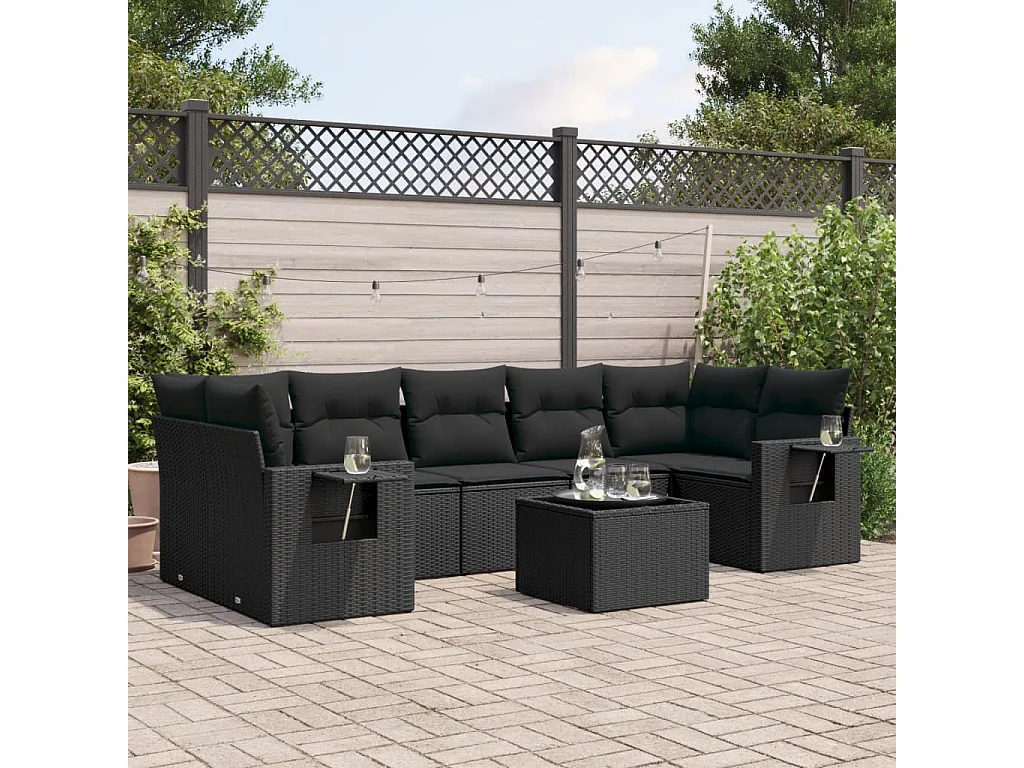 Salon de jardin 8 pièces avec coussins noir résine tressée