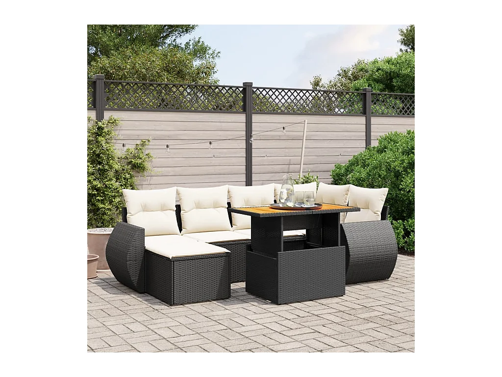 Salon de jardin 7 pièces avec coussins noir résine tressée