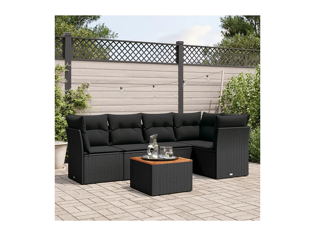 Salon de jardin 6 pièces avec coussins noir résine tressée