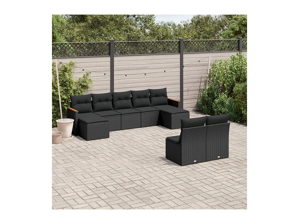 Salon de jardin 9 pièces avec coussins noir résine tressée