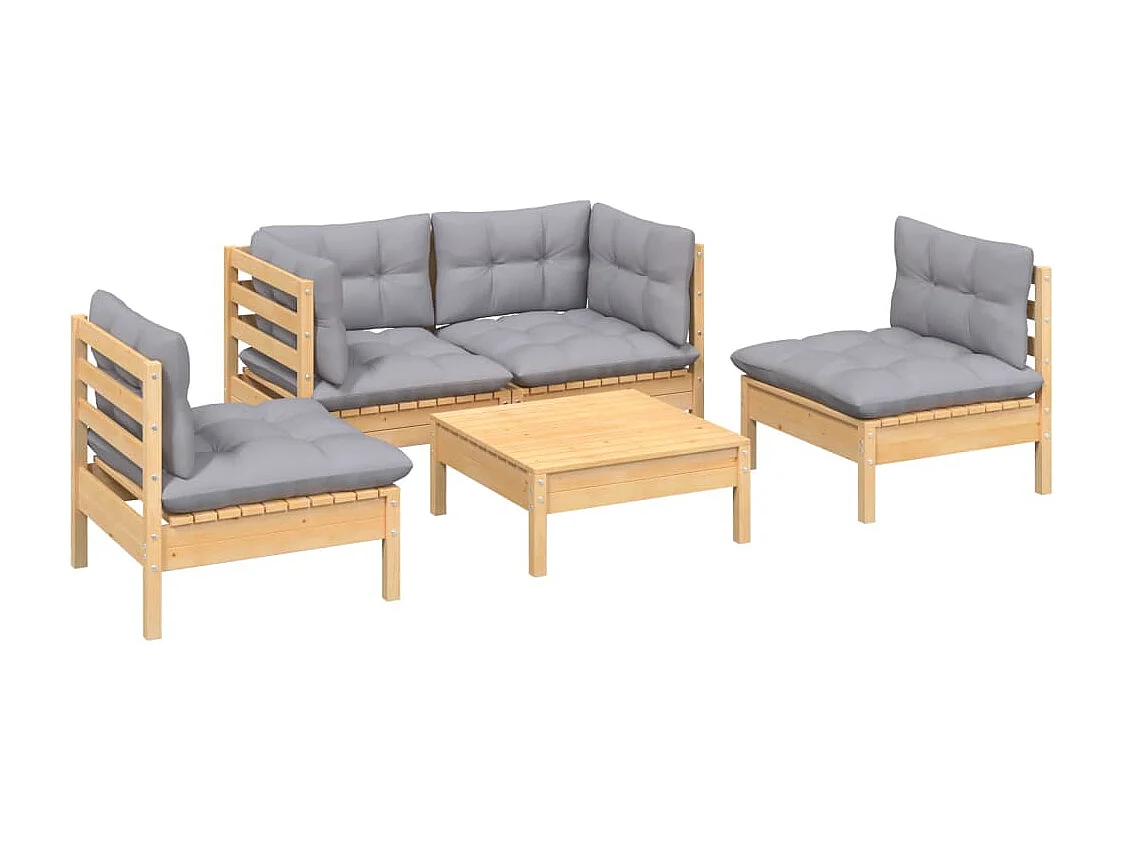 Salon de jardin 5 pièces avec coussins gris bois de pin massif
