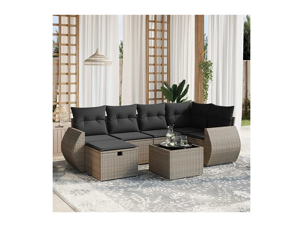 Salon de jardin avec coussins 7 pièces gris résine tressée