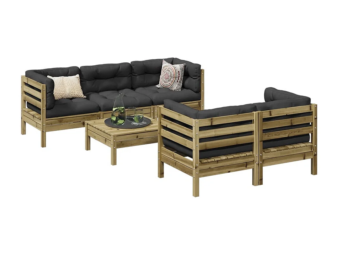 Salon de jardin 6 pièces avec coussins bois de pin imprégné