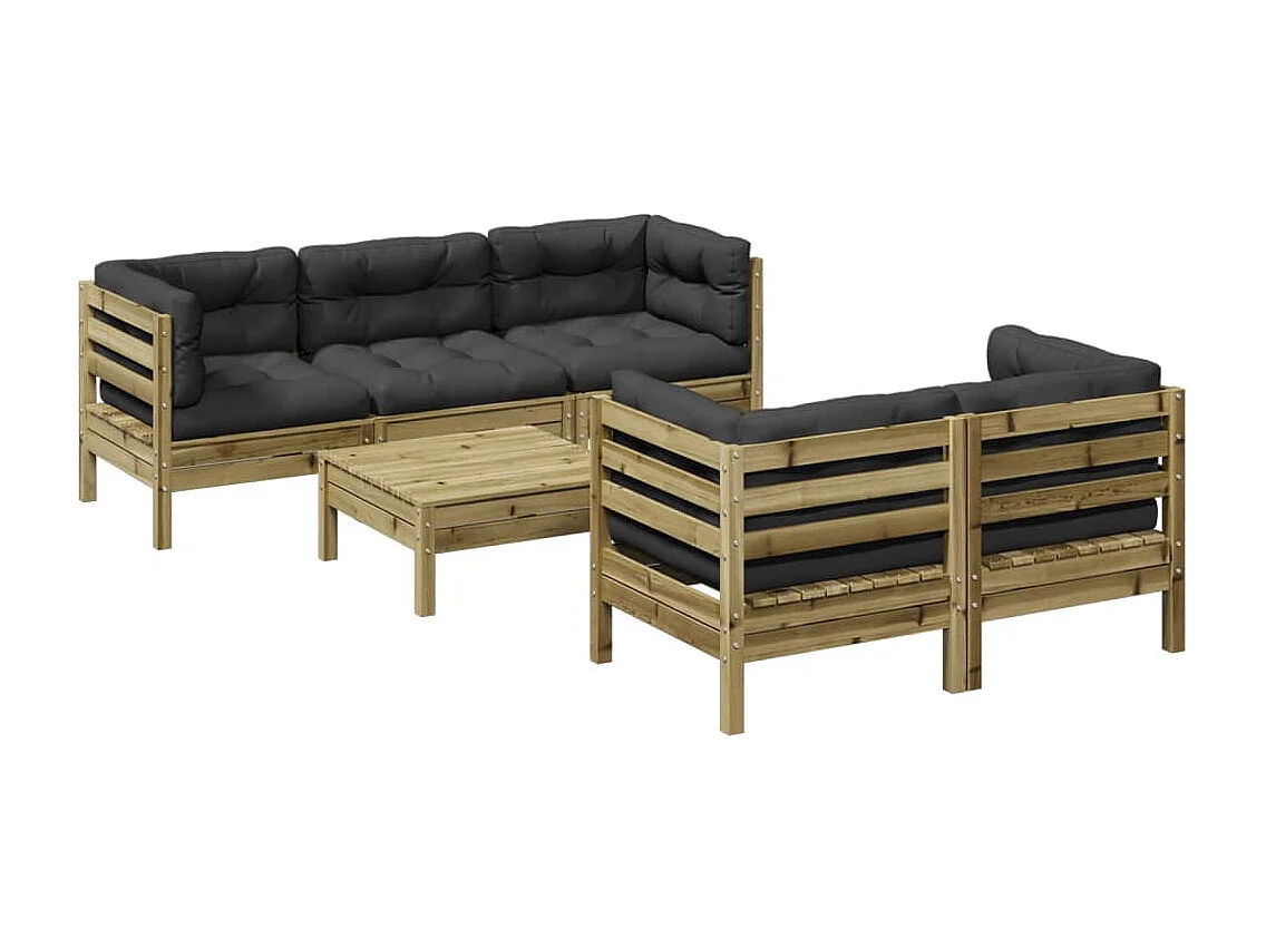 Salon de jardin 6 pièces avec coussins bois de pin imprégné