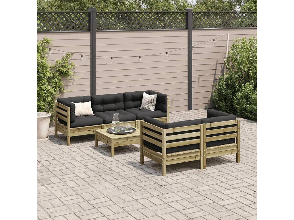 Salon de jardin 6 pièces avec coussins bois de pin imprégné