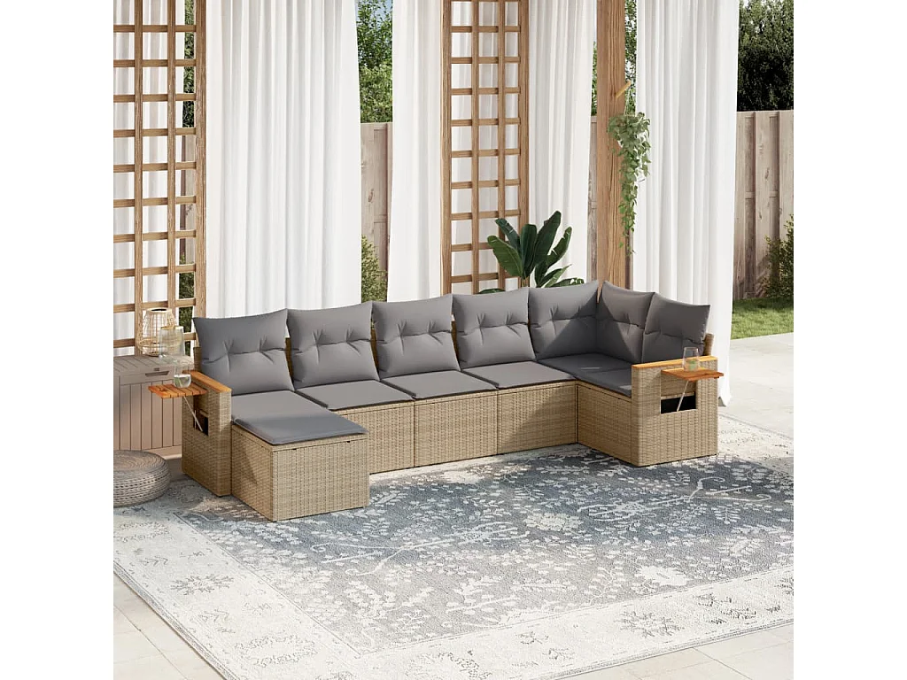 7-delige Loungeset met kussens poly rattan beige