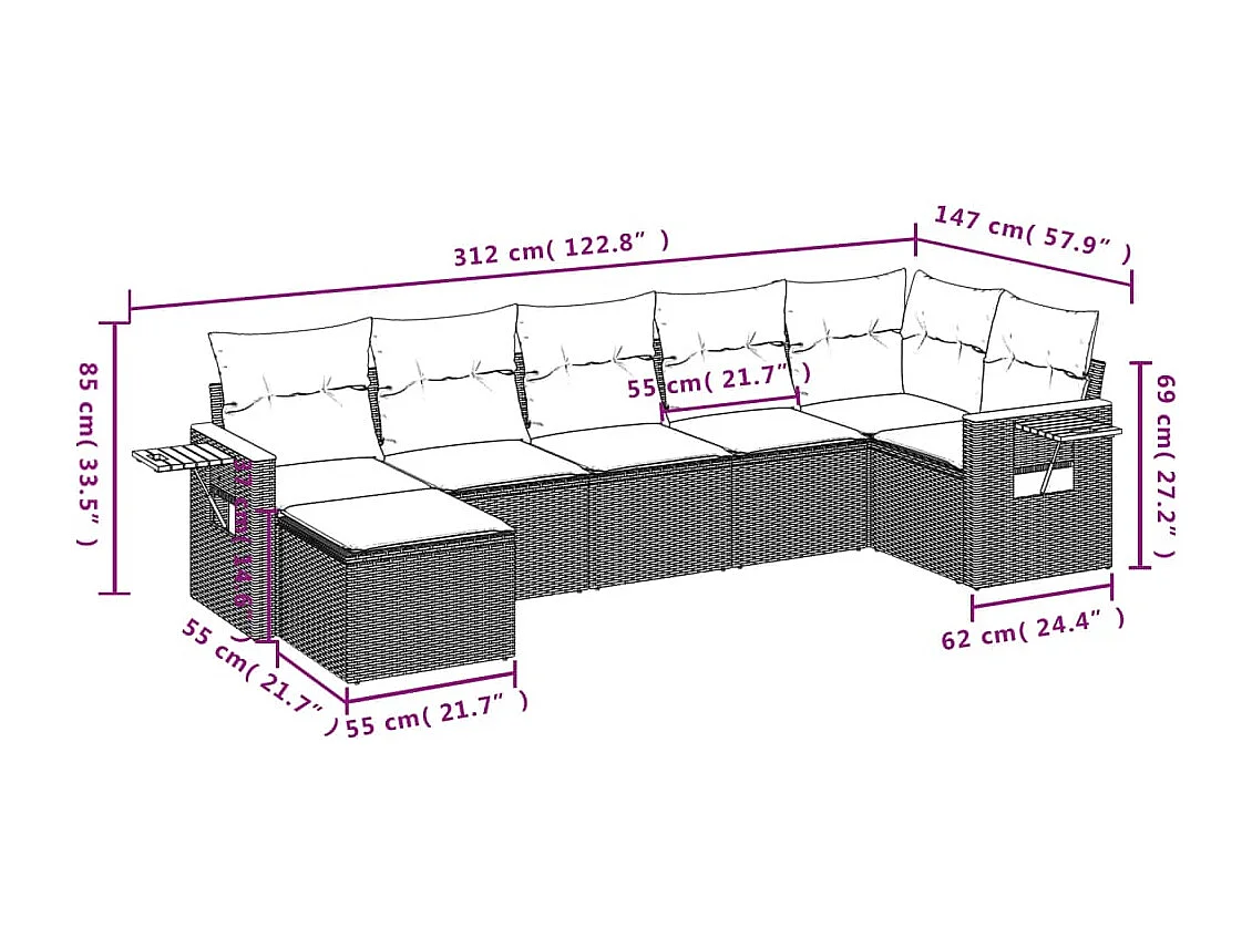7-delige Loungeset met kussens poly rattan beige