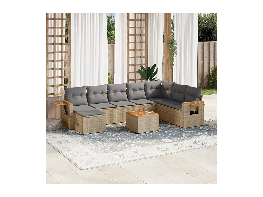 9-delige Loungeset met kussens poly rattan beige
