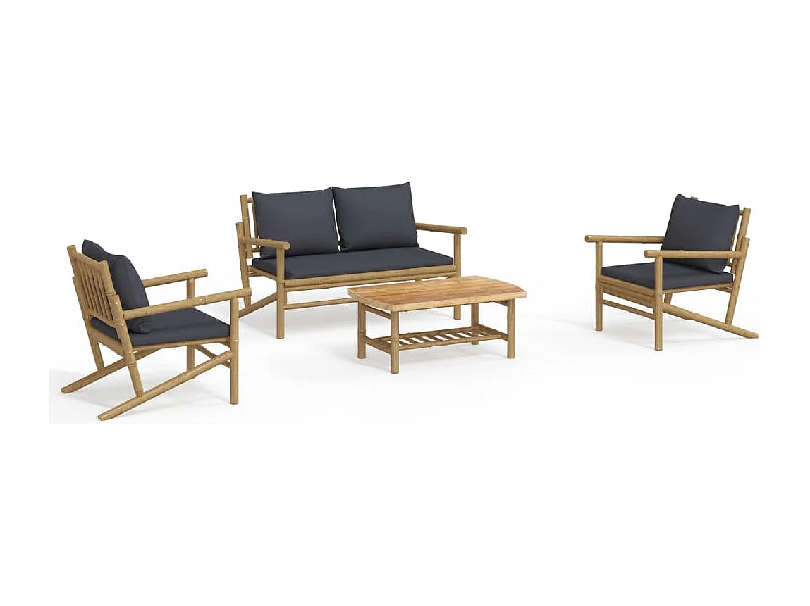 Salon de jardin 4 pièces avec coussins gris foncé bambou