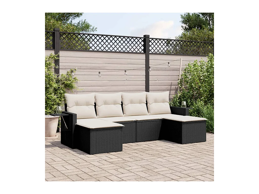 6-delige Loungeset met kussens poly rattan zwart