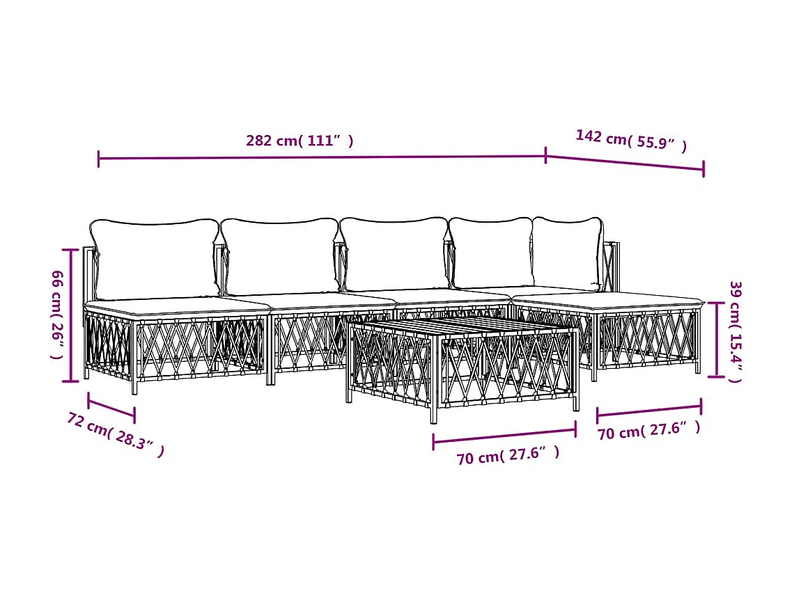 6 peças conjunto lounge de jardim com almofadões aço branco