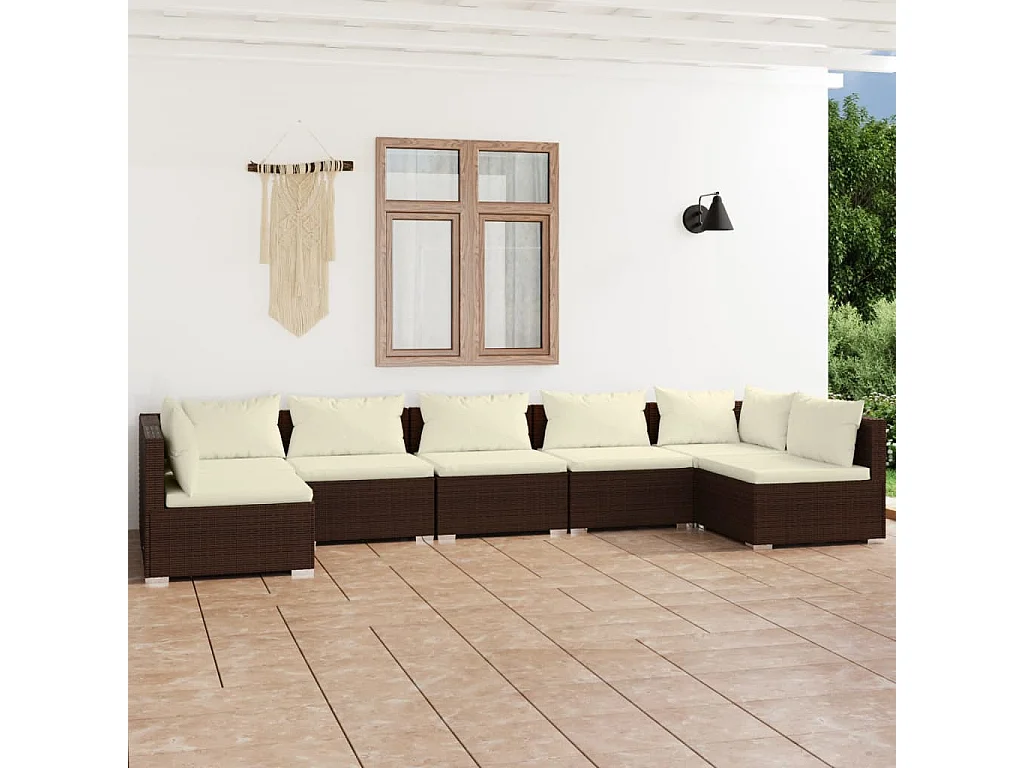 7-delige Loungeset met kussens poly rattan bruin