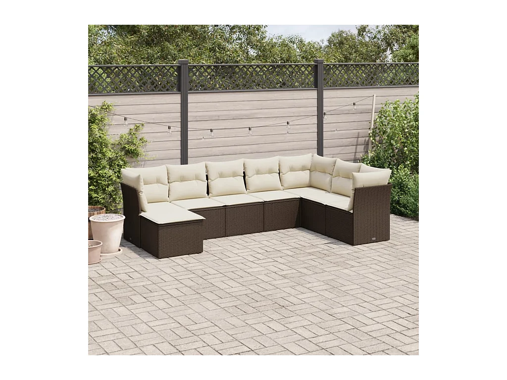 Salon de jardin 8 pièces avec coussins marron résine tressée