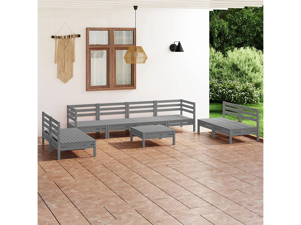 Salon de jardin 9 pièces Gris Bois de pin massif