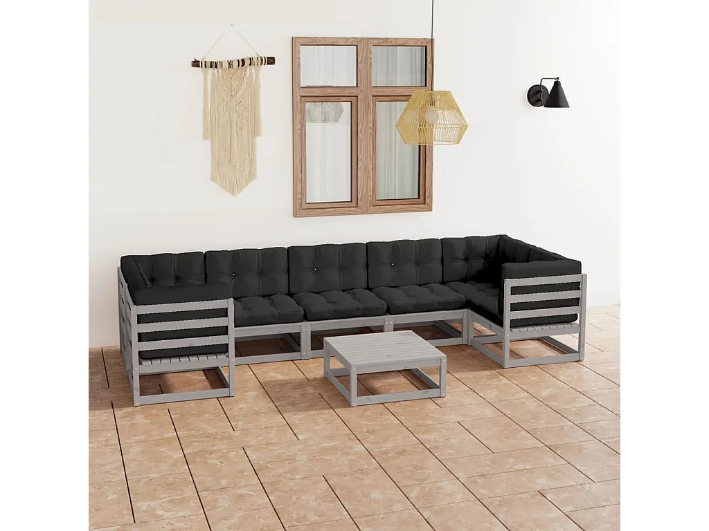 Salon de jardin 8 pièces avec coussins Gris Bois de pin massif