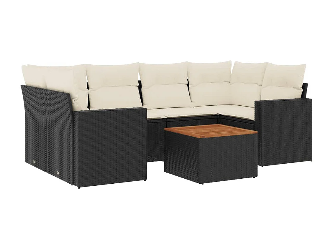 Set de comedor de jardín 7 piezas y cojines ratán sintético negro