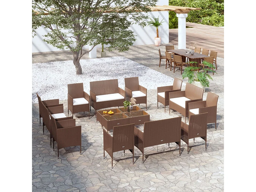 Salon de jardin 16 pièces avec coussins Résine tressée Marron