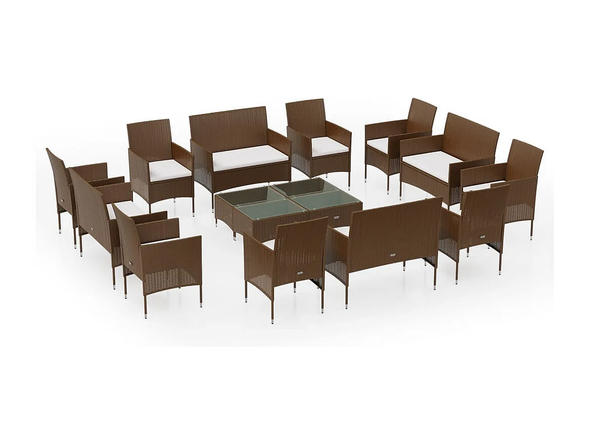 Salon de jardin 16 pièces avec coussins Résine tressée Marron