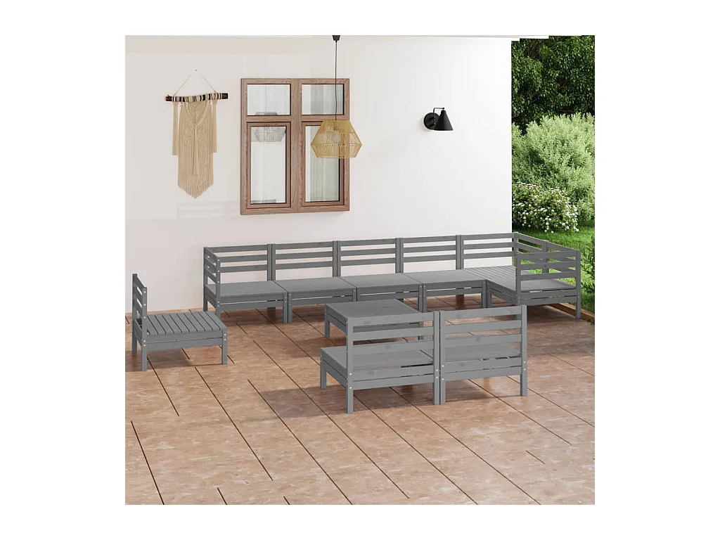 Juego de muebles de jardín 10 piezas madera maciza de pino gris