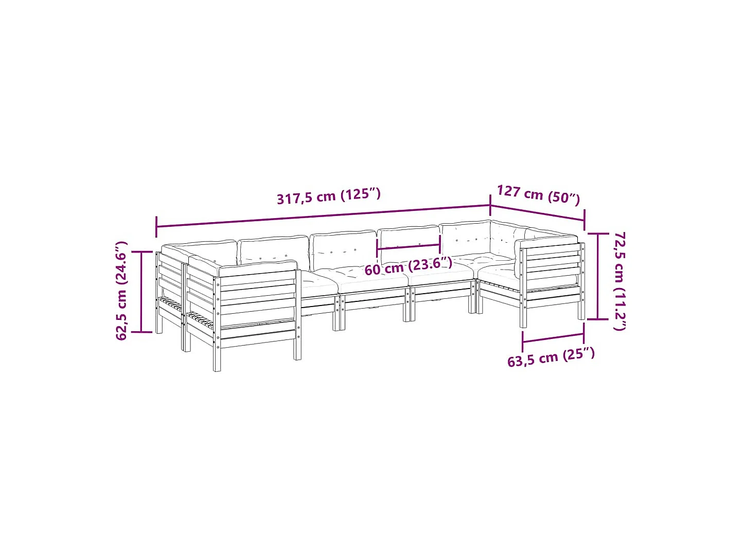 Set de sofás jardín 7 piezas con cojines madera pino impregnada