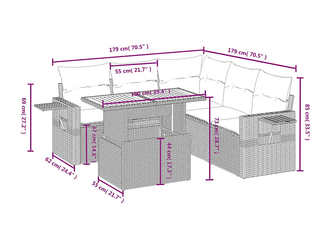 Salon de jardin 6 pièces avec coussins noir résine tressée