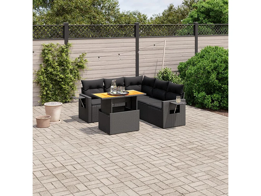 6 peças conjunto sofás de jardim c/ almofadões vime PE preto