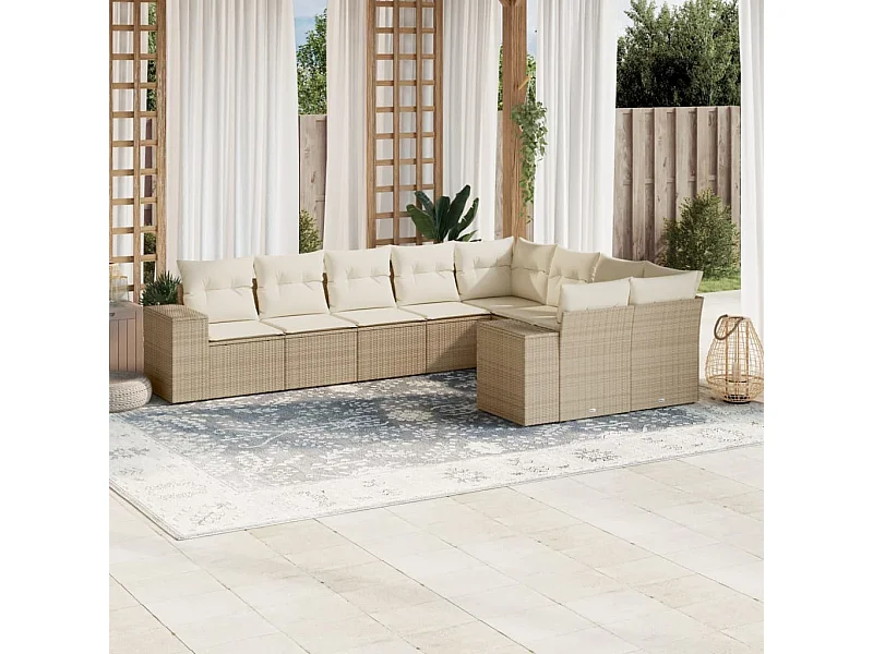 Salon de jardin avec coussins 9 pièces beige résine tressée