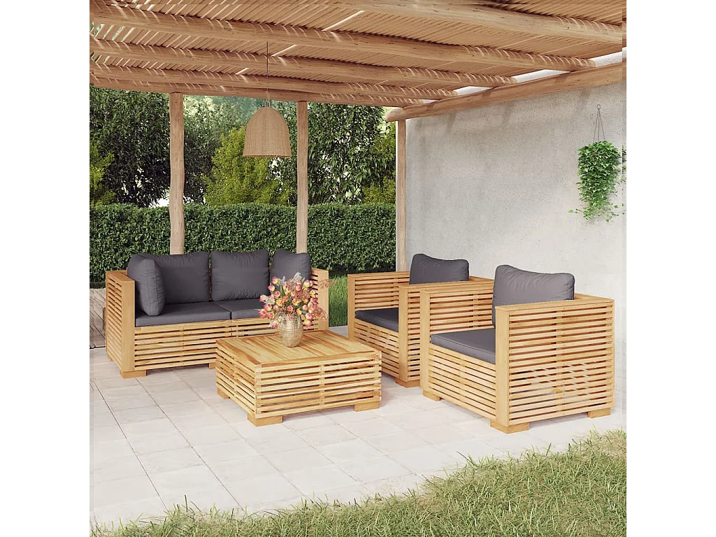 Juego muebles de jardín 5 piezas y cojines madera maciza teca