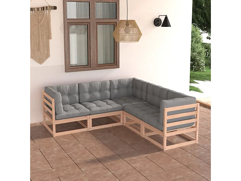 Juego de muebles de jardín 5 piezas y cojines madera pino maciza