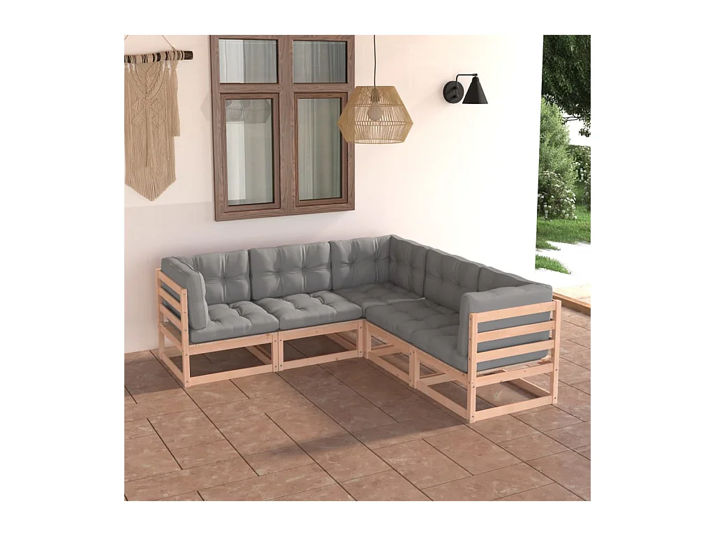 5-delige Loungeset met kussens massief grenenhout