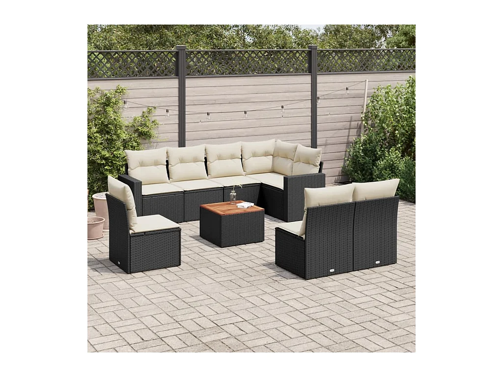 9-delige Loungeset met kussens poly rattan zwart