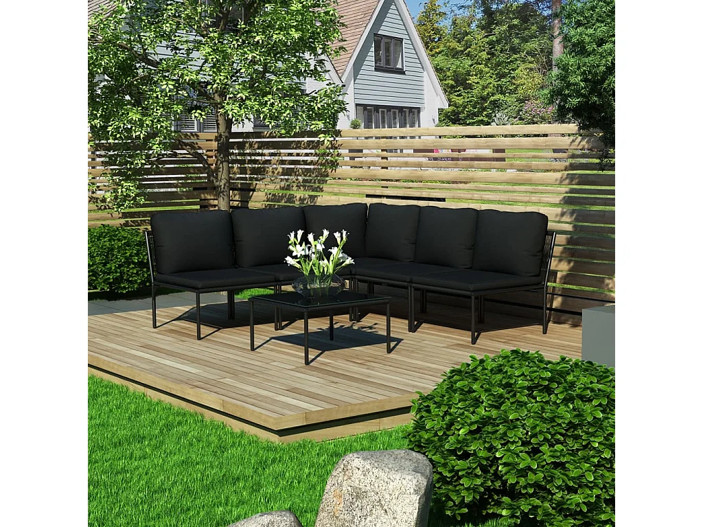 Salon de jardin 6 pièces avec coussins Noir PVC