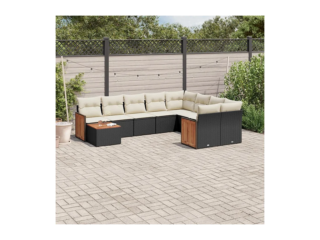 Salon de jardin 10 pièces avec coussins noir résine tressée