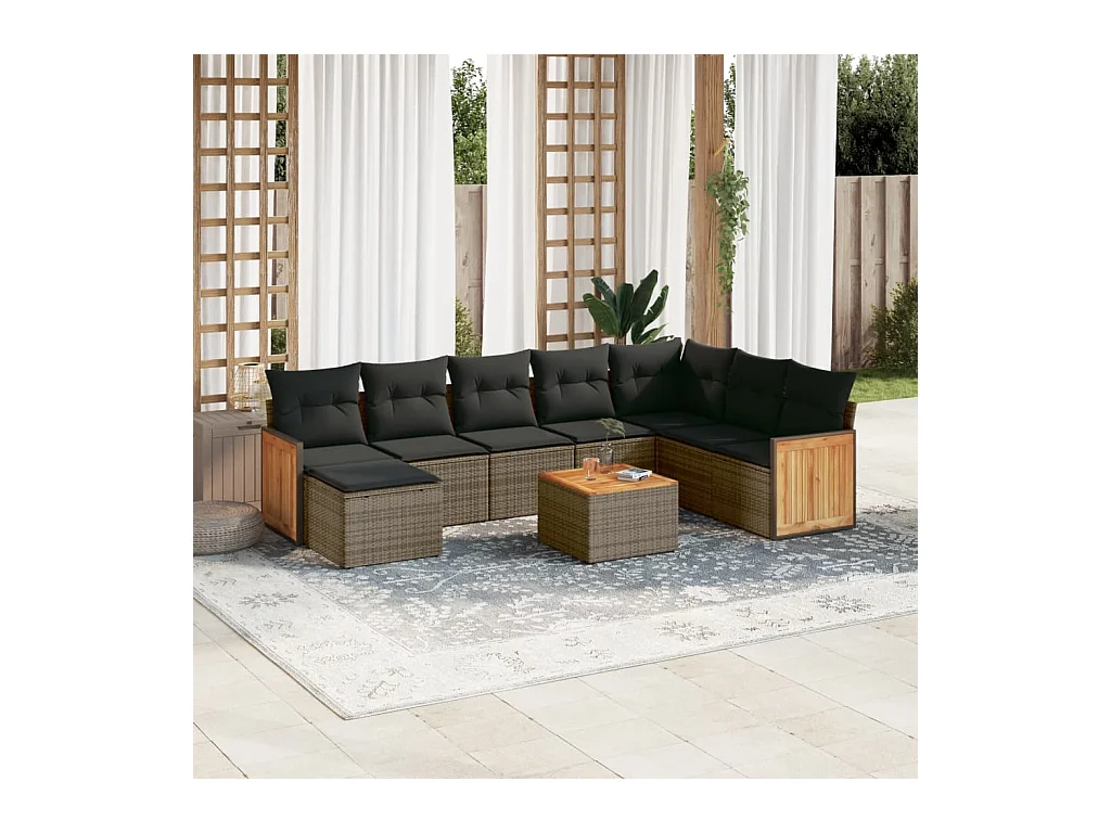 Salon de jardin 9 pièces avec coussins gris résine tressée