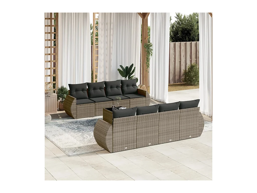 Salon de jardin 9 pièces avec coussins gris résine tressée